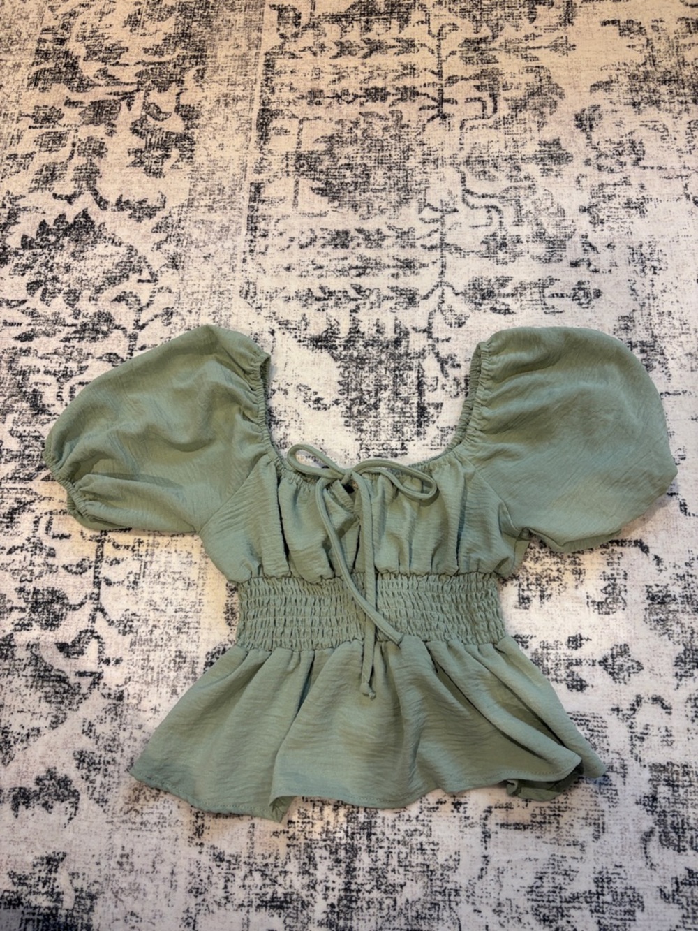 Smocked Waist Puff-Sleeve Top in Sage Green